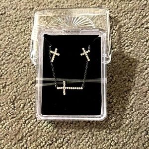 Pierced earring ‘ diamond’ cross earrings and necklace for a child.